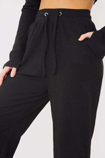 Ribbed Drawstring Wide Leg Trousers